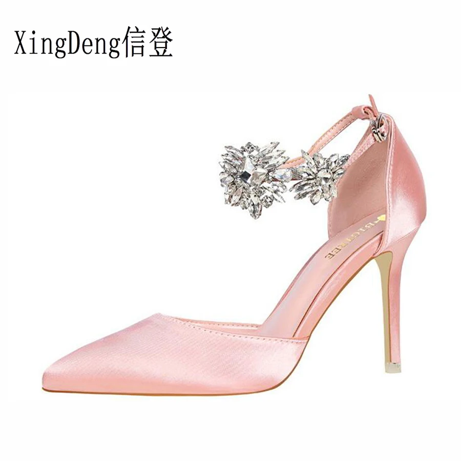 XingDeng офисные женские атласные пикантные туфли лодочки с острым носком Стразы