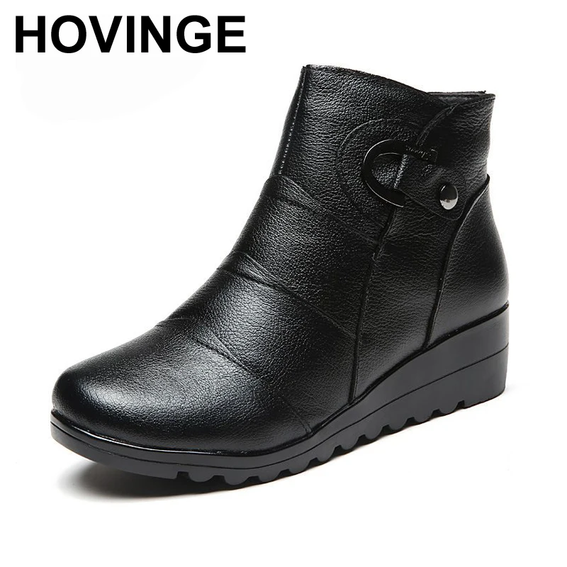

HOVINGE Women Flat Boots Winter Fashion Woman Genuine Leather Wedges Ankle Boots Casual Comfortable Snow Boots Women Warm Shoe