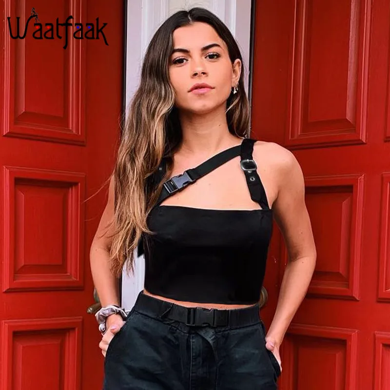 Черный Waatfaak черный топ Camis летняя уличная укороченная майка на бретельках рейверская Праздничная молния с пряжкой в стиле пэчворк женские короткие топы - Цвет: Черный