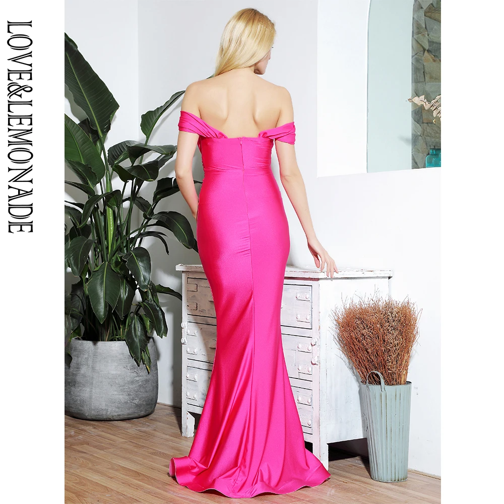 

LOVE&LEMONADE Sexy Hot Pink Tube Top Cross Elastic Shoulder Bodycon Party Maxi Dress LM81696