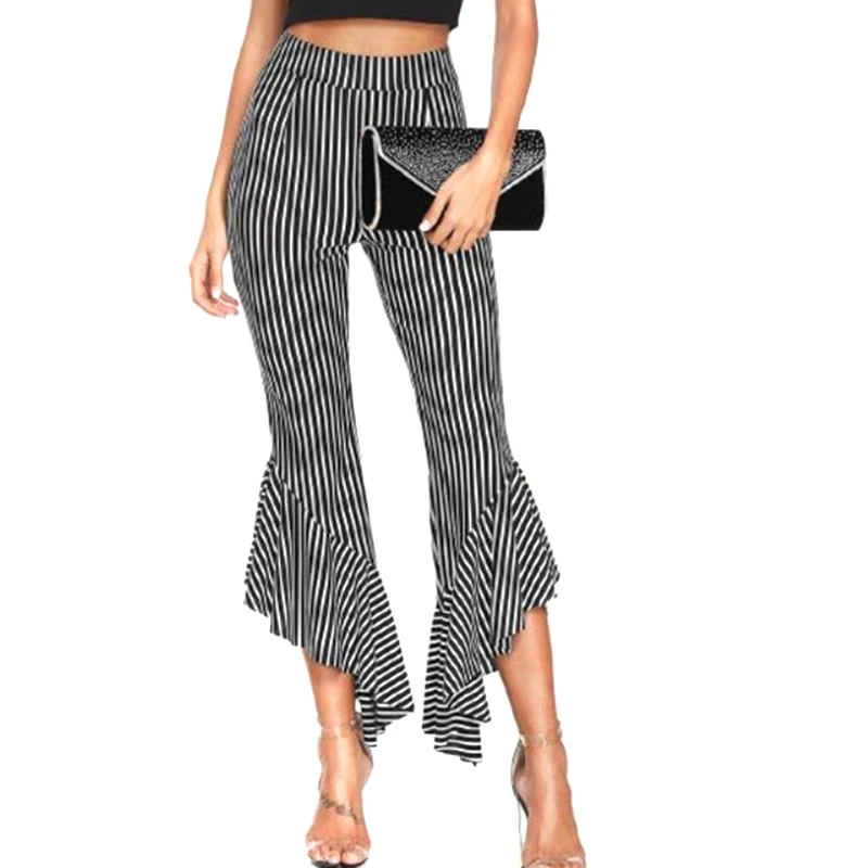 Черные и белые полосатые расклешенные леггинсы модные сексуальные облегающие
