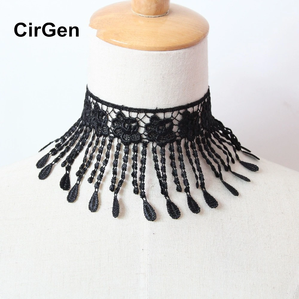 

CirGen,Fashion Statement Black Flower Lace Tassels Bib Short Design Choker Collar Necklace Women Jewelry Accessory Item,C70