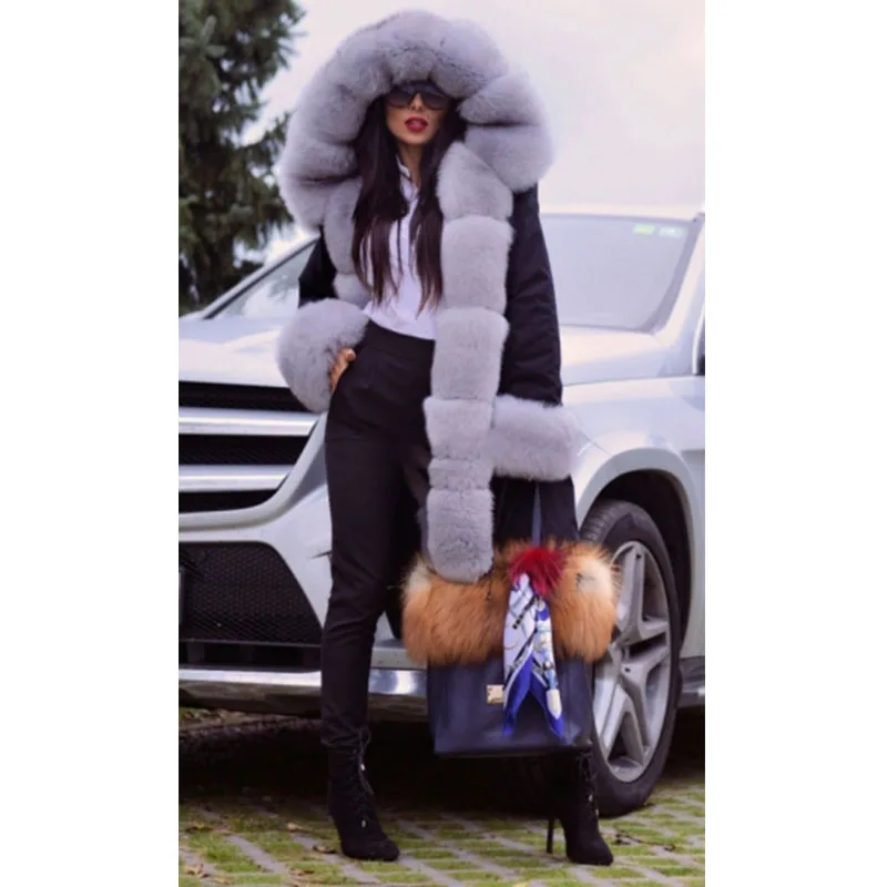 Tatyana Furclub Real Fur Coat Winter Women Jacket With Natural Fox Fur Collar High Street Outwear Casual Black Parkas Thick Warm
