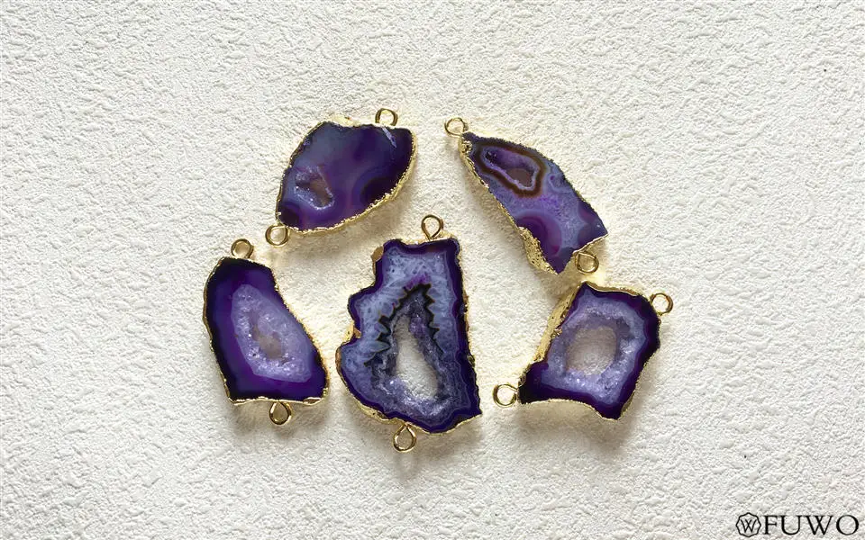 FUWO Натуральный Druzy Agates ломтик Разъем с золотой обрезкой Модный Фиолетовый/синий Geode Шарм Аксессуар для изготовления браслета PD228