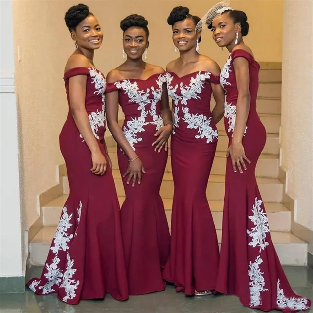 

Burgundy Satin Long Mermaid Bridesmaid Dresses 2019 Sexy Applique Off Shoulder Maid Of Honor Dress Party For Women