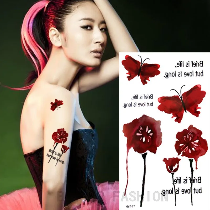4 шт./лот 3D временные тату наклейки в виде Розовых Бабочек крови красных синих