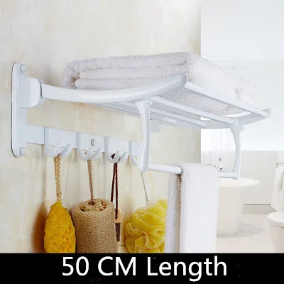 white 50cm Держатель для полотенец для ванной, черный/белый, складной, настенный, 50-60 см, держатель для полотенец для ванной комнаты, Алюминиевая Полка для полотенец - Цвет: white 50cm