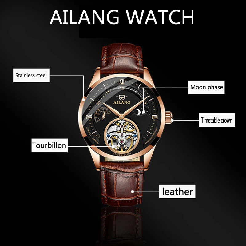 

AILANG Men Automatic Mechanical Watch Top Brand Fashion Casual Leather Moon Phase Luminous Sports Watches relogio masculino