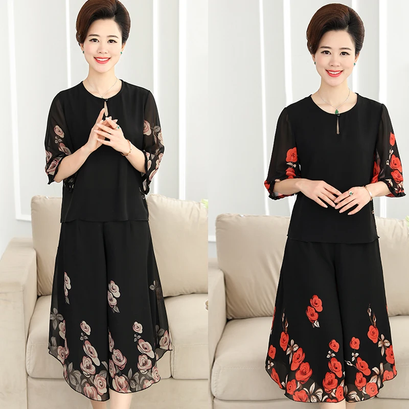 Костюм женский шифоновый с принтом Повседневная Свободная футболка и брюки