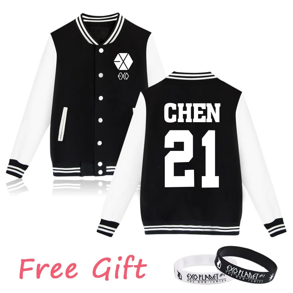 Black 21 CHEN WEJNXIN EXO Kpop толстовки женские мужские повседневные для фанатов стиля унисекс поддерживающая бейсбольная куртка имя члена пара Exo одежда Бесплатный подарок - Цвет: Black 21 CHEN
