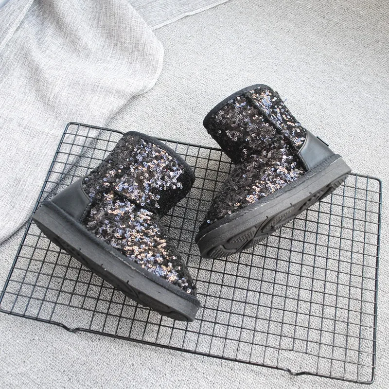

2019 Kids Bling Sequins Winter Boots Fashion Girl Boy Warm Shoes Baby Snow Boots Children Plush Soft Anti Skid Shoes