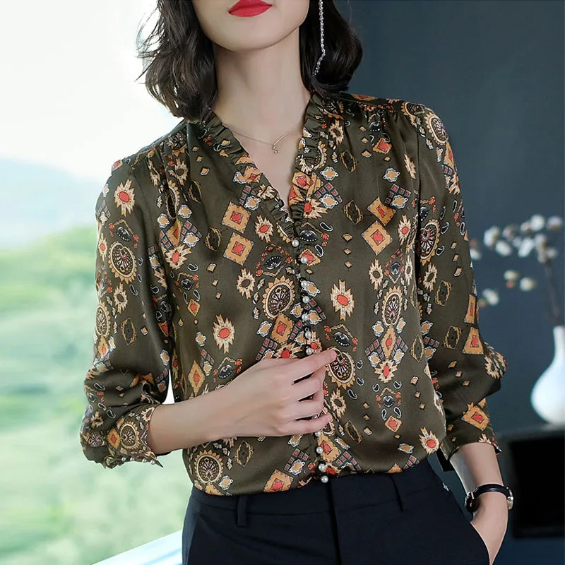Chiffon printing Blouse 2019 Long Sleeve Women Blouses and Tops v-neck elegant Office Shirt Casual Blusas Chemise Femme |