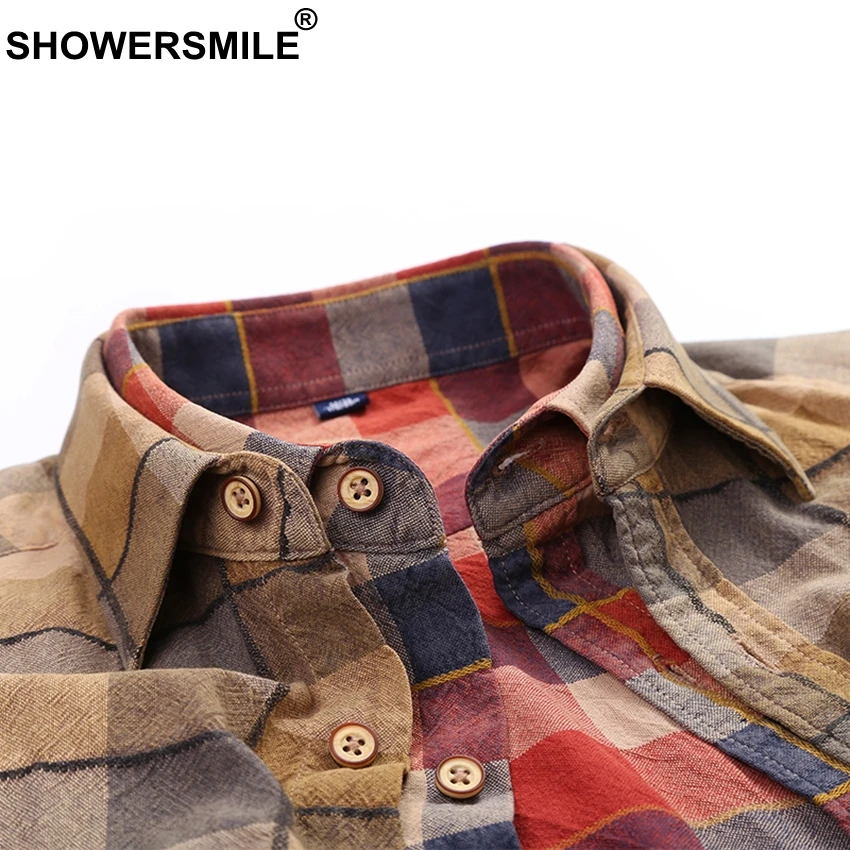 Рубашка SHOWERSMILE Мужская в клетку фланелевая Повседневная сорочка с длинным