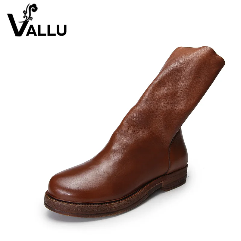 VALLU/ г., женские ботинки из натуральной кожи винтажная женская повседневная обувь ручной работы до середины икры на квадратном каблуке с молнией сзади