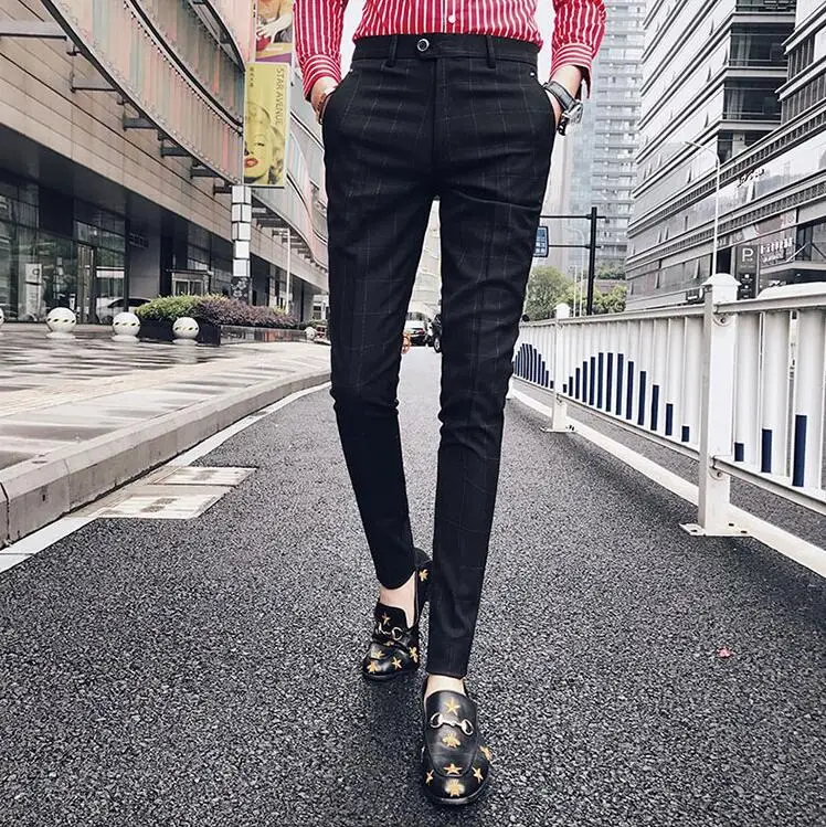 Sunwang зима толстые костюм брюки Для мужчин Slim Fit Мода платье в клетку штаны