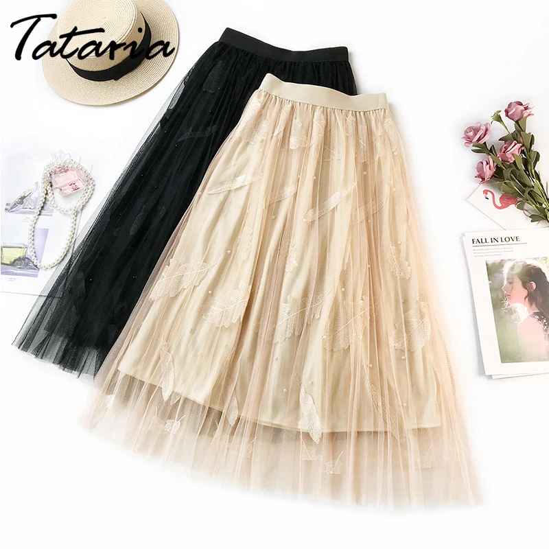 Женская длинная Тюлевая юбка тату розовая плиссированная до колена с высокой