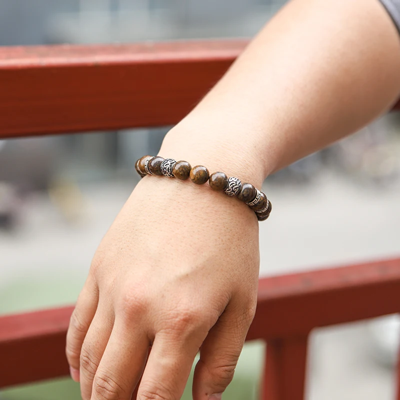 Fashion 10mm natural stone beaded grey men bracelets bronzitite stainless steel charm bracelet jewelry | Украшения и аксессуары
