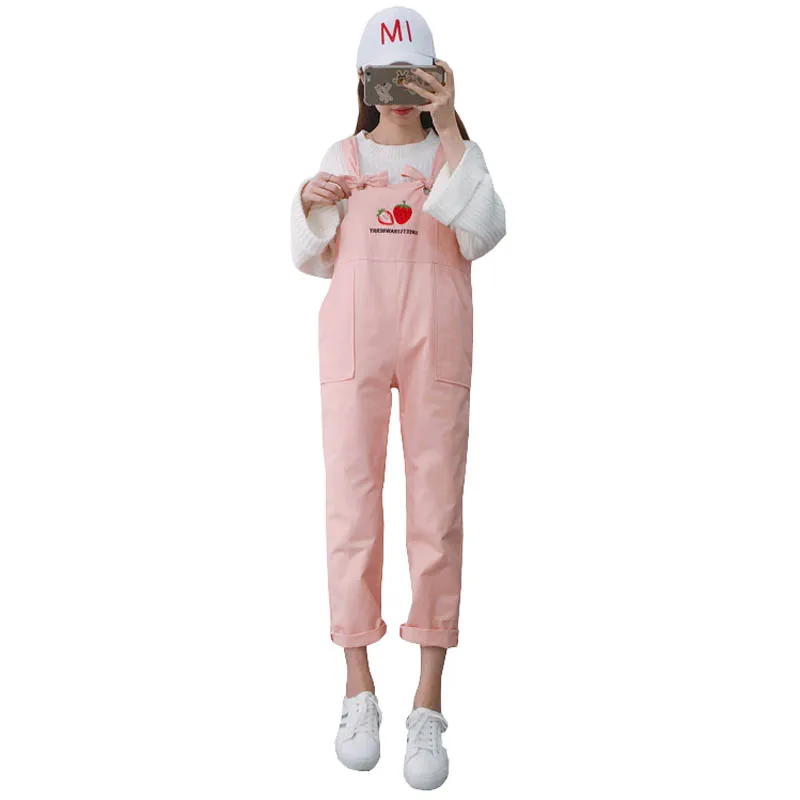 Harajuku Милый комбинезон для женщин шикарный BF Стиль Kawaii джинсы с вышивкой клубники хлопковые джинсы для женщин#2804 - Цвет: Розовый
