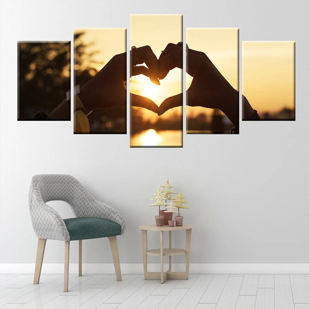 HD printing sunset hand heart shaped landscape painting poster wall art 5 panel for home decoration living room bedroom mural | Дом и сад