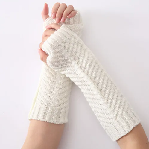 

Solid Arm Sleeve For Woman The Arm Cuff Wool Knitted Gloves Winter Keep Warm High Elastic Finger Less Arm Warmers
