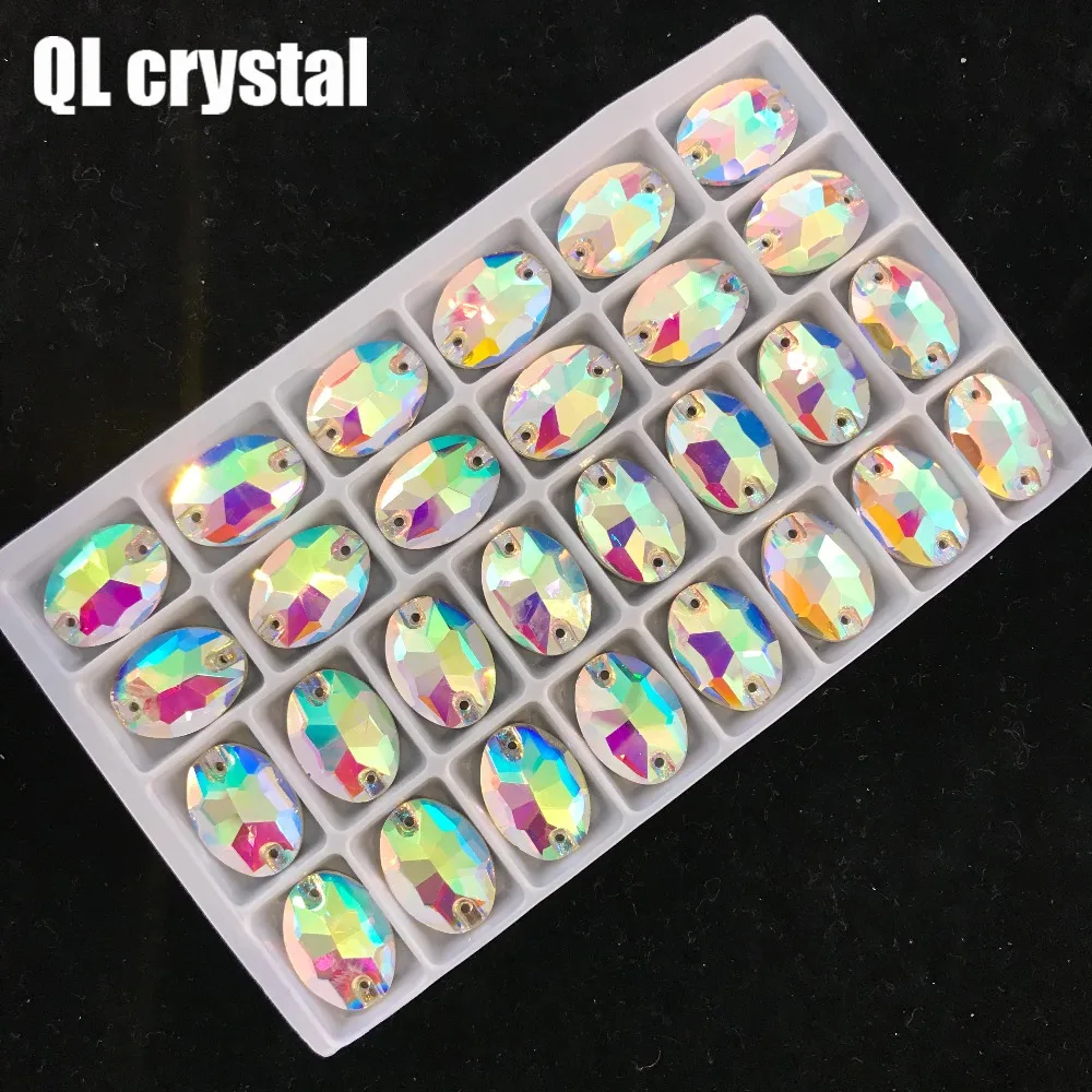 QL Кристалл Овальный пришить стразы ясно, Crystal AB Flatback 2 круглых отверстия для DIY одежды сумки обувь аксессуары