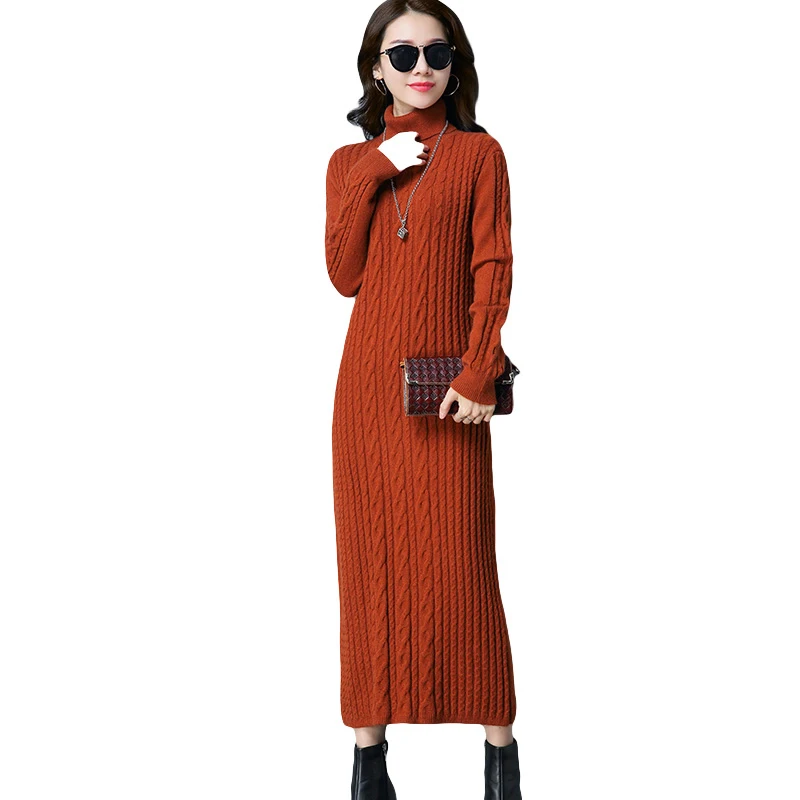 Женское трикотажное платье-водолазка длинное эластичное шерстяное вязаное