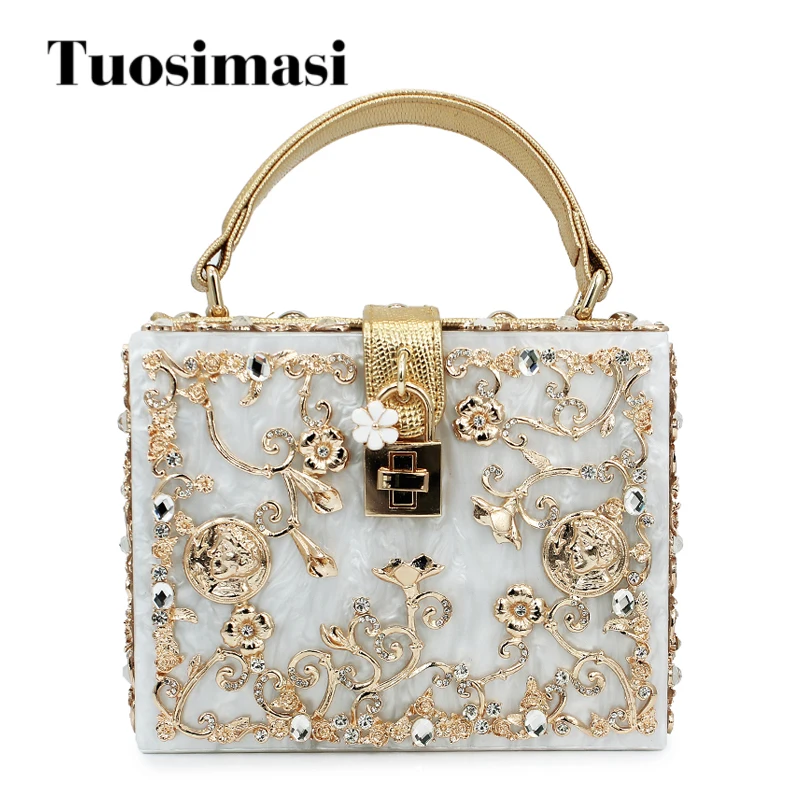 

women lady gold diamond relief Acrylic Ballot lock luxury handbag evening bag clutch for party purse (C003)