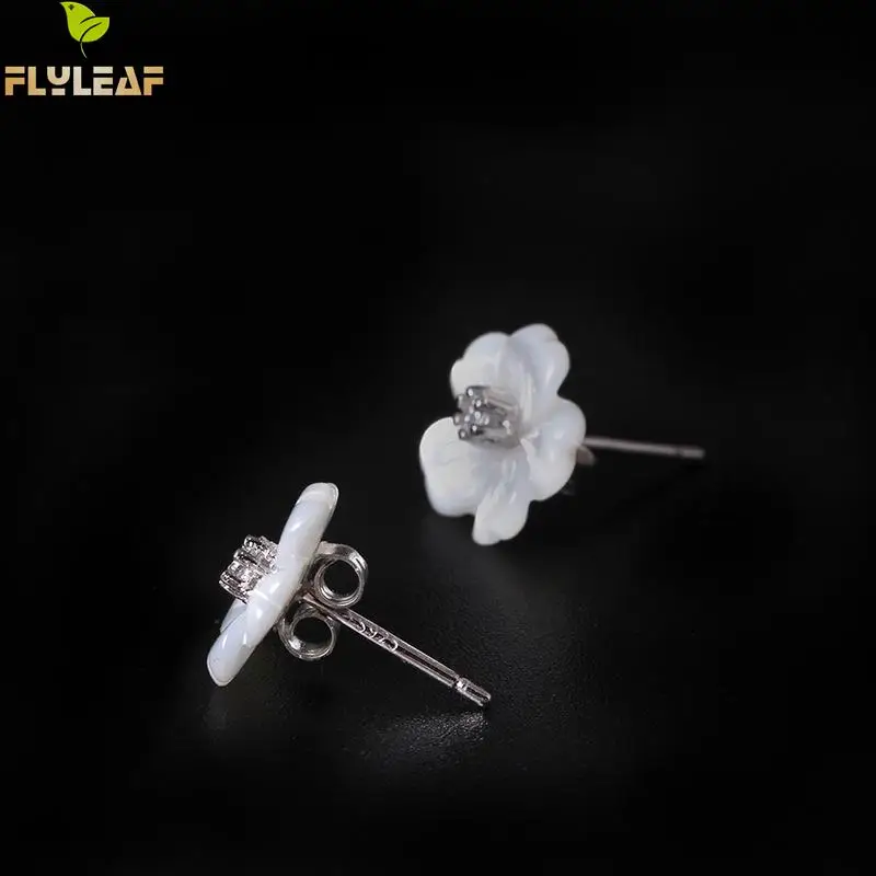 Flyleaf 100% Sterling Silver Shell Carvings Flowers Stud Earrings For Women Fashion Cubic Zirconia High Quality Jewelry | Украшения и