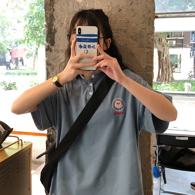 Для женщин PoloShirt Хлопок мультфильм милый свинья вышивка короткий рукав тенниски летние женские свободные Повседневное элегантный дизайн топы YT5027