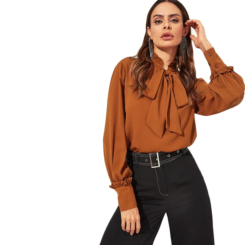 SHEIN Блузка С Завязкой И Складкой Женский Коричневый Осенний Классический Топ С Длинными Рукавами И Стоячим Воротником