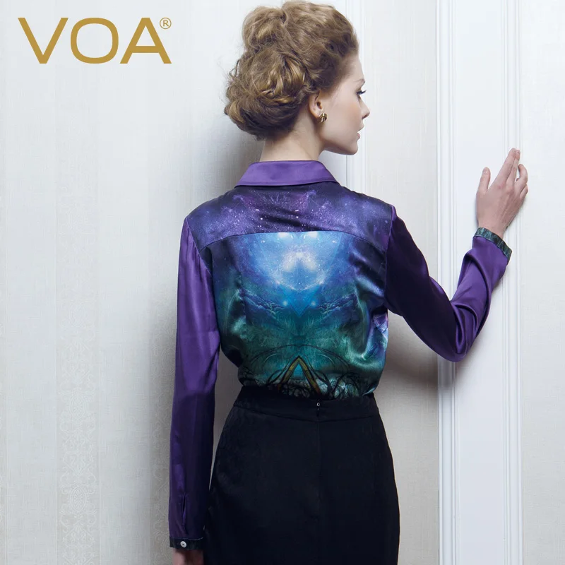 Женская шелковая блузка VOA фиолетовая офисная рубашка с длинным рукавом Мягкий