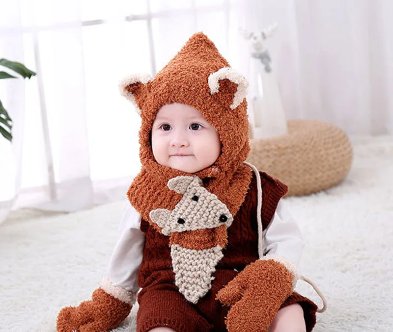 6 months to 3 Years old cartoon fox beanies hats sets wool kids soft winter 3 pcs baby boys girl scarf hat glove set