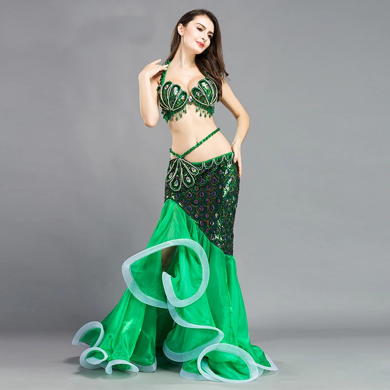 Новые роскошные костюмы для танца живота Бисероплетение профессиональные вечерние танцевальные костюмы комплект из 2 предметов костюм для беллиданса бюстгальтер+ юбка