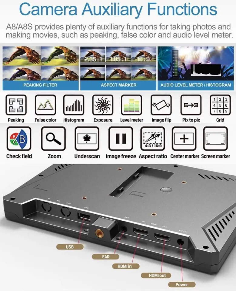 Lilliput A8 8.9 Inch Utra Slim IPS Full HD 1920x1200 4K HDMI 3D-LUT On-camera Video Field Monitor for DSLR Camera |