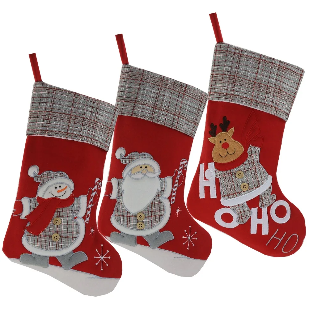 Free Shipping Lovely Christmas Stockings Set of 3 Santa Snowman Reindeer Xmas Character 3D Plush Hanging Tag Knit Border | Игрушки и