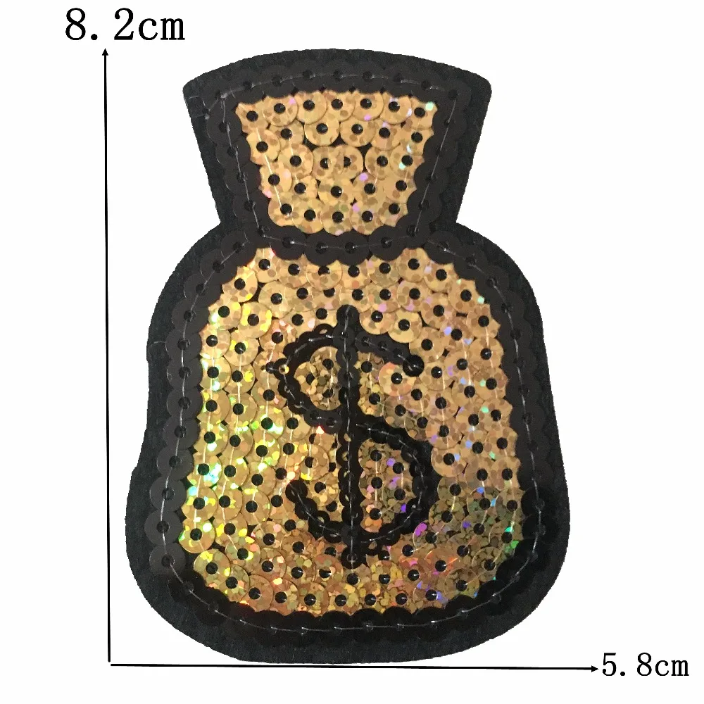 

10 Pieces/lot New Arrival Money Bag Patches Iron on Sequined Patches Clothes Decorated Accessory DIY Applique Dollar Bag Sticker