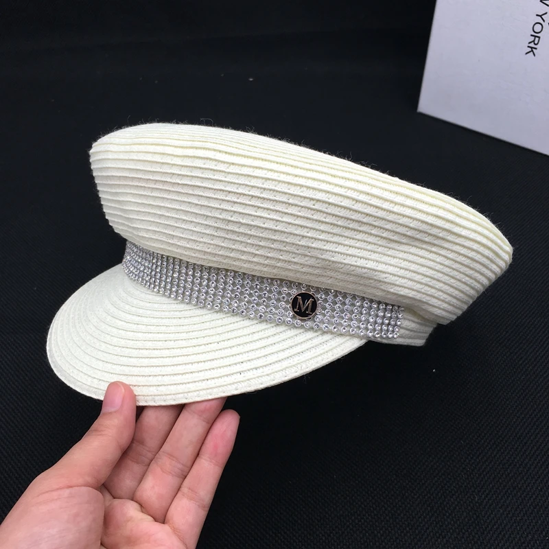 Весенне летняя новая белая кепка с уткой женская Соломенная дрель темно синяя