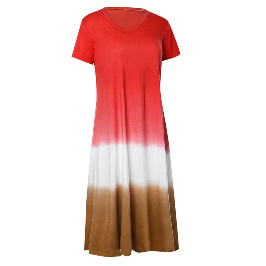 Women Summer Dress Fashion Sexy Dress Plus Size Tie-dyed Color Block Loose V Neck Short Sleeve Maxi Elegant Party Vestidos