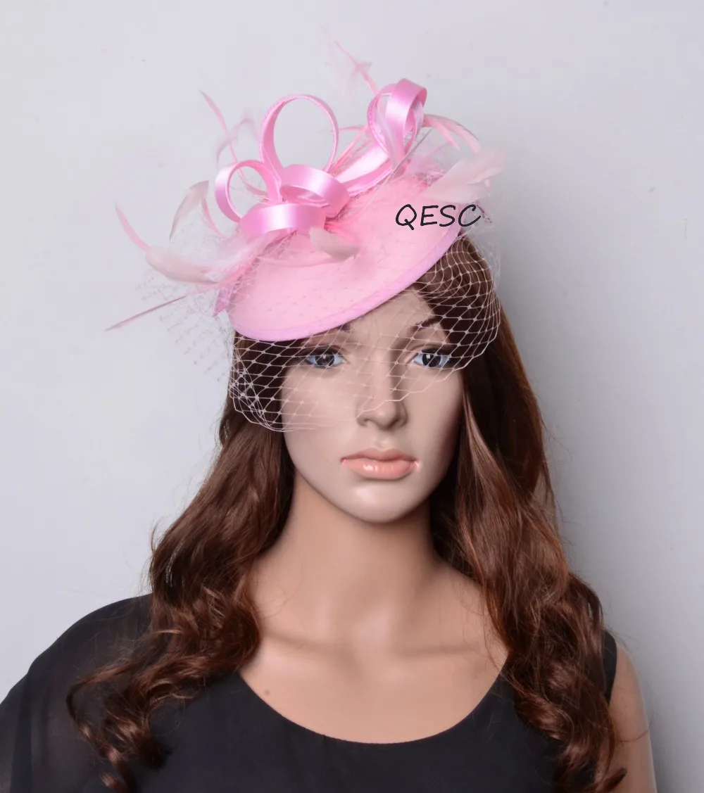 PALE PINK Новые Элегантные, цвета шампанского, золотые вуалетки для чародейки Ascot Дерби шляпа фетровая основа fedora с перьями и вуалью для гонок выпускного вечера церковные Вечерние - Цвет: PALE PINK