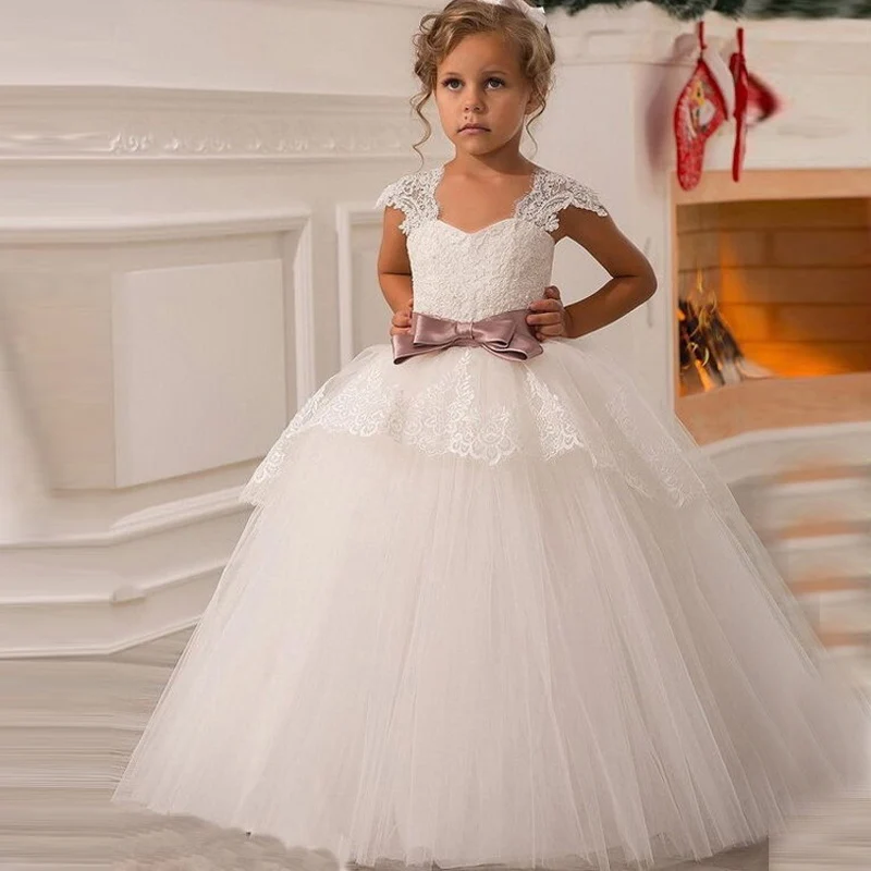 

New Girl Communion Dress White Formal Ankle Length Bow Sash Ball Gowns Sleeveless O-Neck Robe De Mariage 2021 Enfant Longue