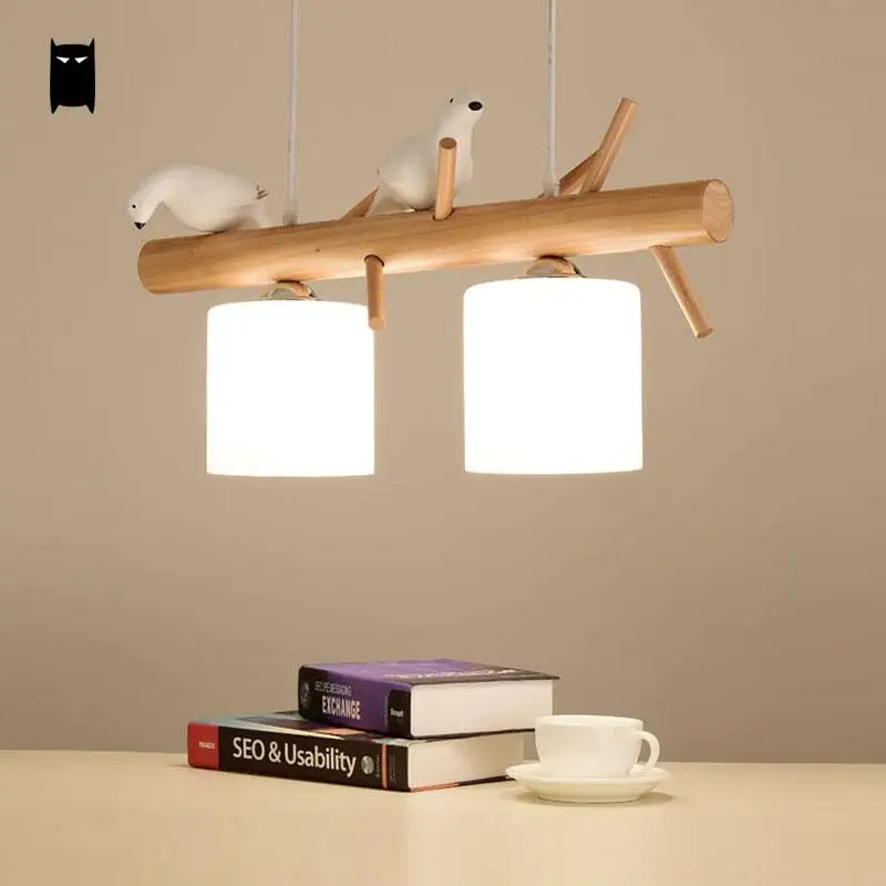 Светильник из натурального дерева молочного стекла белый тройной подвесной