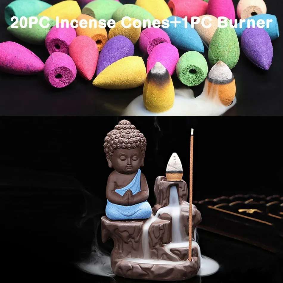 (1) with 20 Incense 20 шт. благовония конусы+ горелка творческий домашний Декор маленький монах кадило в виде маленького Будды обратного потока благовония горелки использовать в домашних условиях Teaho - Цвет: (1) with 20 Incense