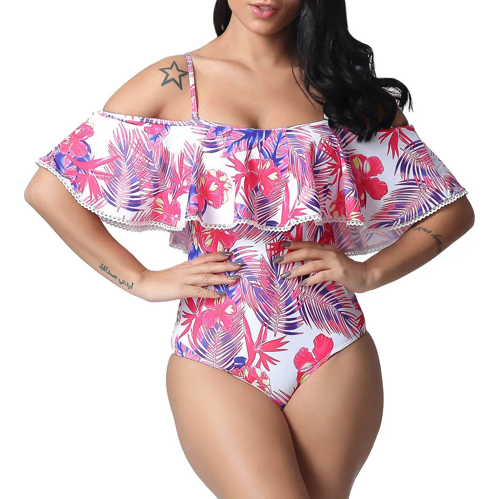 Модный женский слитный купальник с рюшами и оборками цветочным принтом