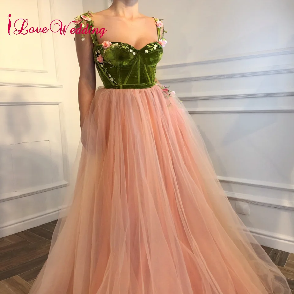 ILoveWedding элегантное платье на тонких бретельках с 3D цветы зеленые велюр