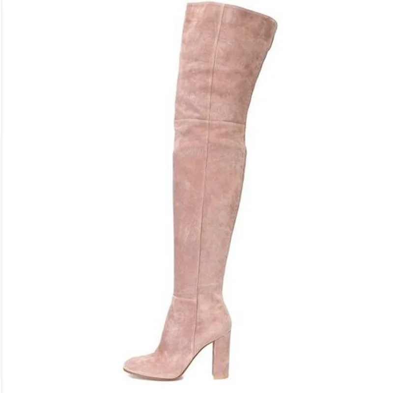 

Winter Best Selling Boots Top Quality Sweet Pink Suede Leather Over The Knee Boots Thick High Heel Dress Shoes Women Booties