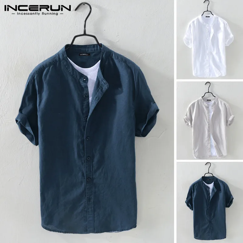 

INCERUN Cotton Men Shirt Solid Short Sleeve Casual Vintage Tops Stand Collar 2021 Breathable Brand Shirts Men Clothes Harajuku