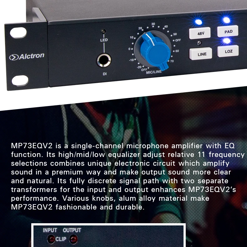 Alctron MP73EQV2 микрофонный усилитель с функцией эквалайзера, оптимизирует качество звука, трансформатор изолирует шум