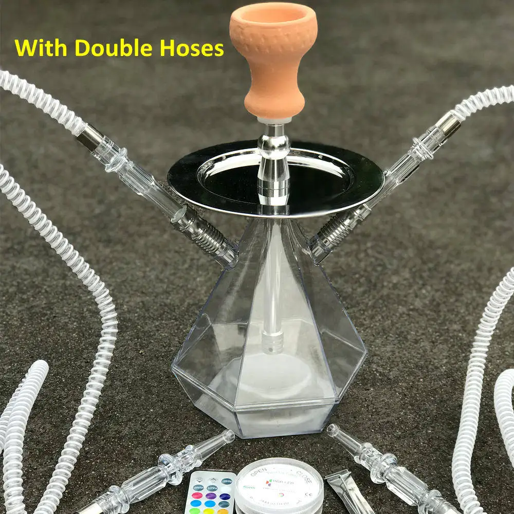 With Double Hoses Прозрачный акриловый кальян набор светодиодный светильник трубка для кальяна с керамической чашей наргиле шланг поддон для угля металлические щипцы Chicha Narguile - Цвет: With Double Hoses