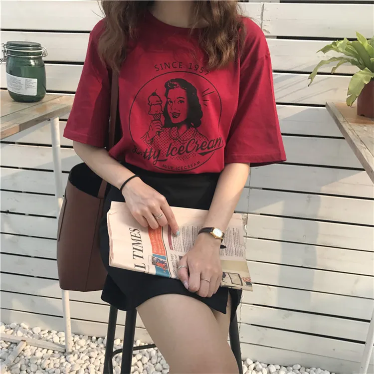 2017 Summer New Fashion Vintage Character Printed Casual Loose Short Sleeve Female T-shirts