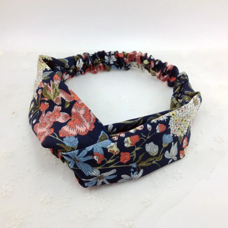 Женская мода Цветок Печати Тюрбан Ободки Hairbands Винтаж Крест Ткань Стрейч